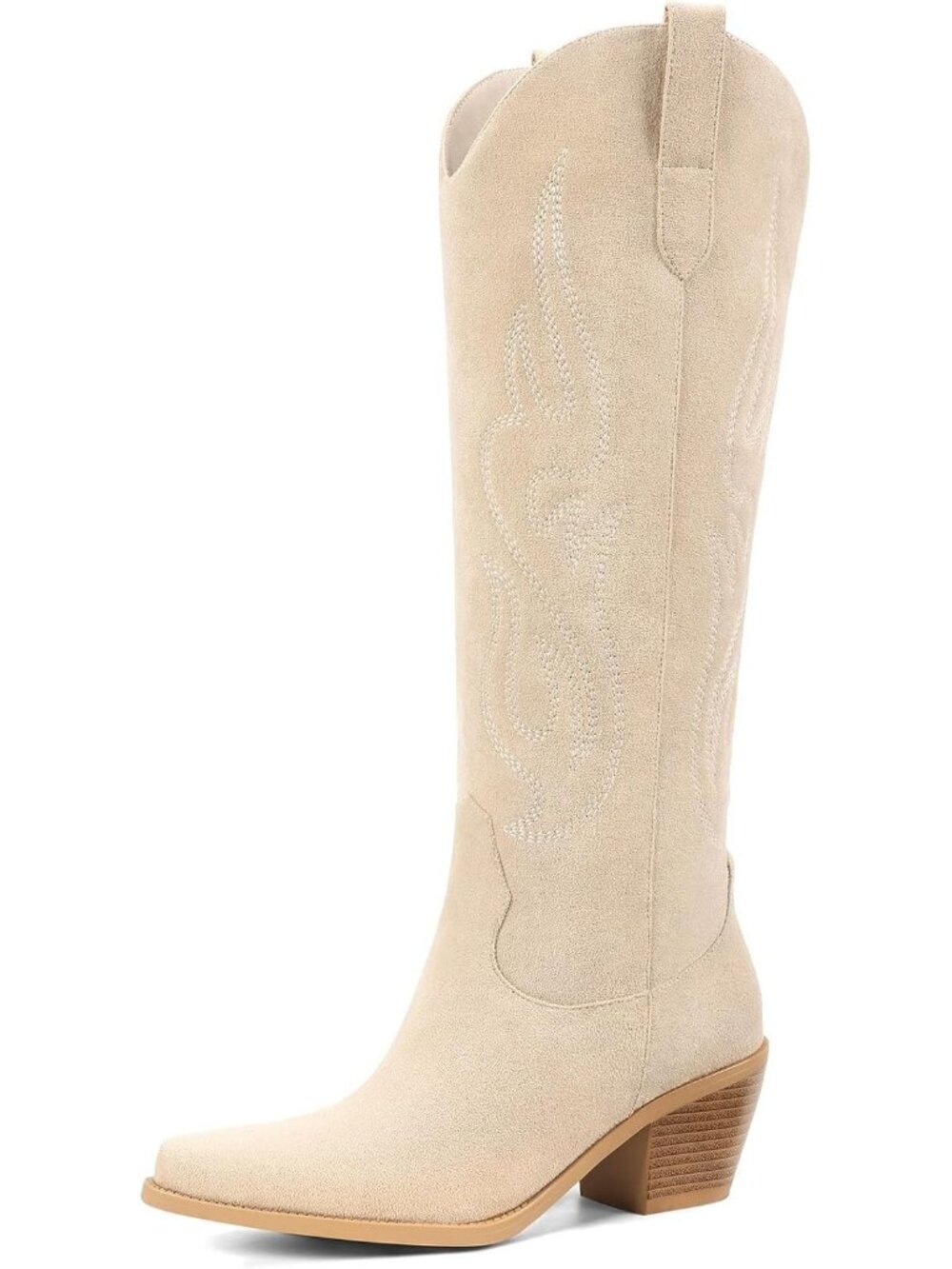 Women's Beige Pointed Toe Chunky Knee High Wide Calf Western Cowgirl Tall Boot